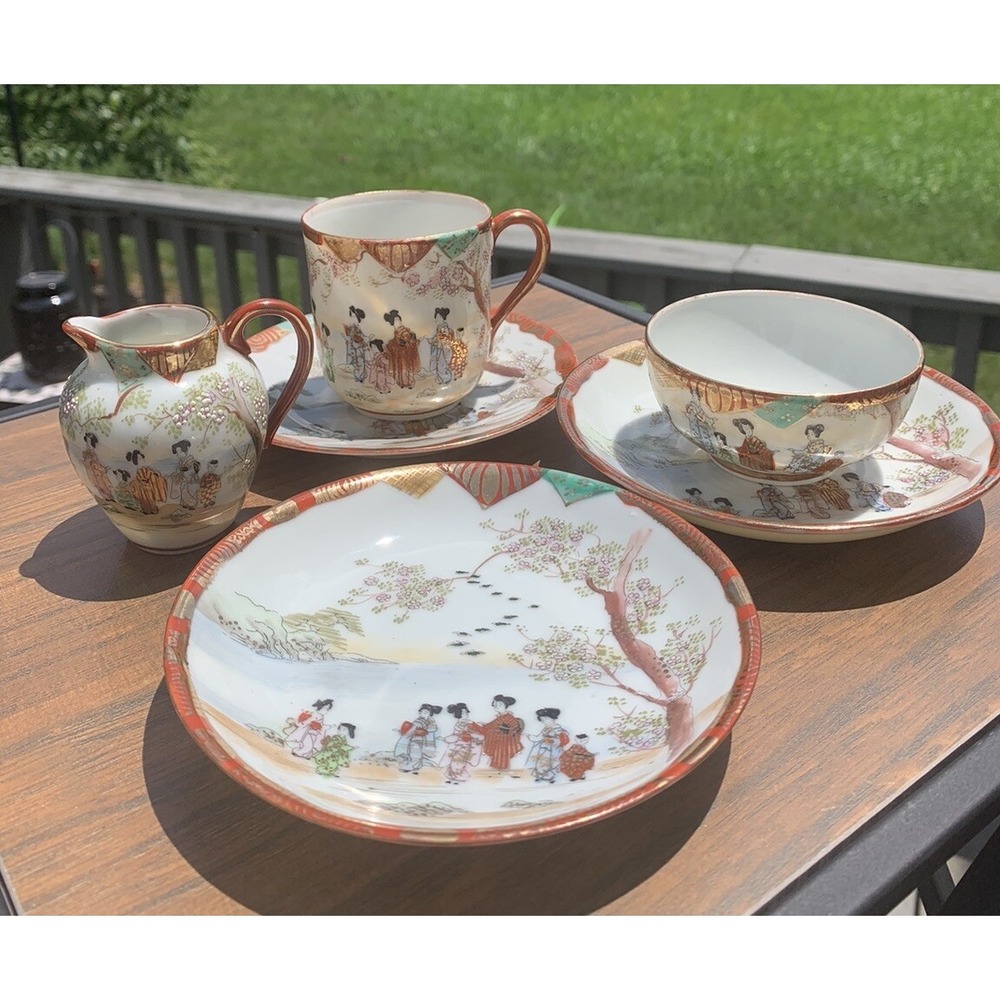 6 Pc Vintage Eggshell porcelain. Geisha, Gold Embellishments. Mini Pitcher, Cup+